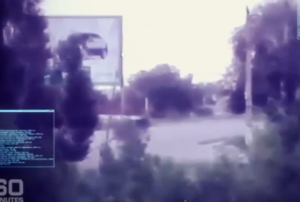A screen shot of the roadway where the suspected BUK missile battery supposedly passed after the shoot-down of Malaysia Airlines Flight 17 on July 17, 2014. (Image from Australian “60 Minutes” program)