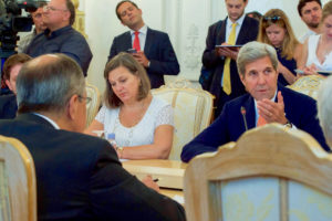 U.S. Secretary of State John Kerry, flanked by Assistant Secretary of State for European and Eurasian Affairs Victoria "Toria" Nuland, delivers his opening remarks to Russian Foreign Minister Sergey Lavrov at the outset of a bilateral meeting on July 15, 2016, in Moscow. [State Department photo]