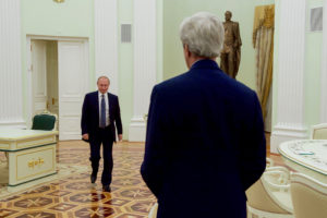 U.S. Secretary of State John Kerry waits for Russian President Vladimir Putin in a meeting room at the Kremlin in Moscow, Russia, before a bilateral meeting on July 14, 2016. (State Department photo)