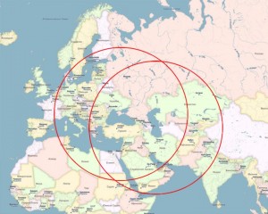Kalibr-NK reach zone from Caspian (right circle) and Black Sea area.